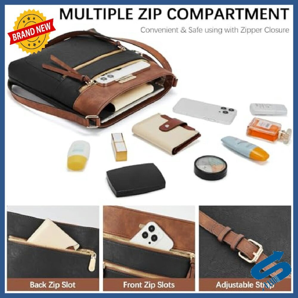 Medium Vegan Leather Crossbody Bag with 5 Zipper Pockets for Daily Use - Picture 5 of 8